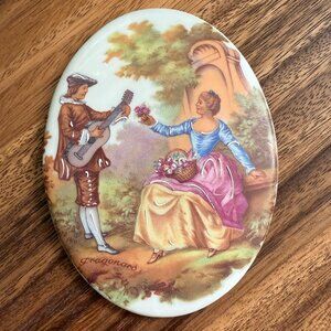 Vintage Limoges France Porcelain Oval Plaque With Romantic 18th-Century Scene